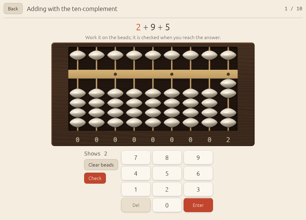 A drill item, 6 + 5 + 6, with the first number set on the soroban and a keypad below.