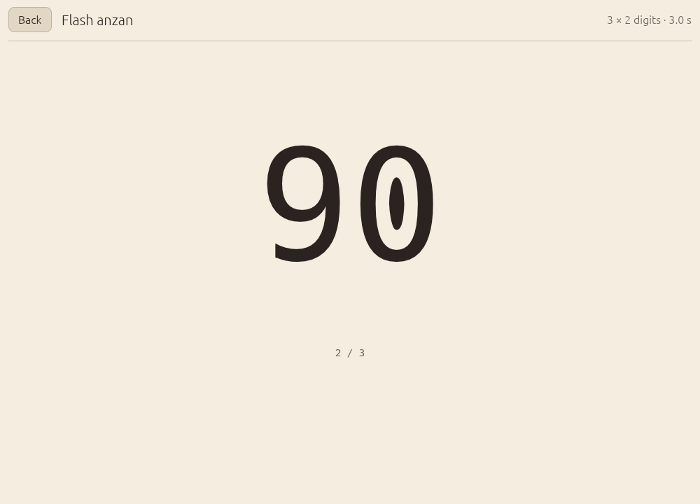 Flash anzan: the number 90 shown large, second of three.