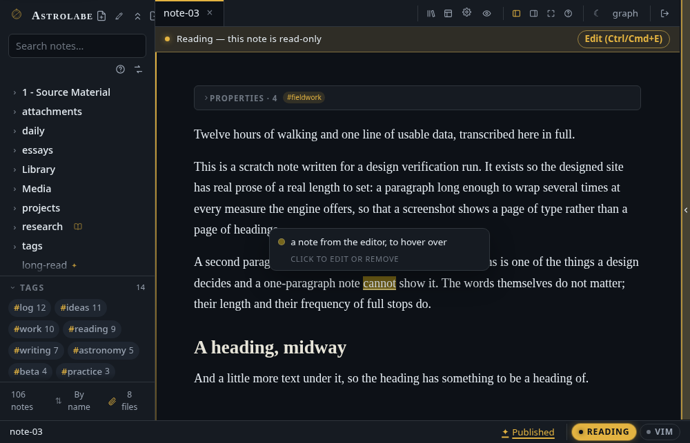 A note in the reading view with a highlighted passage and a note to self