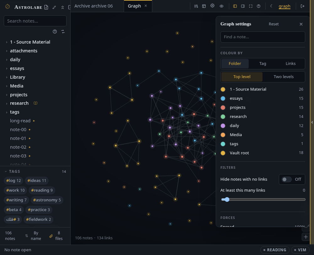 The graph view, coloured by folder, with its settings panel