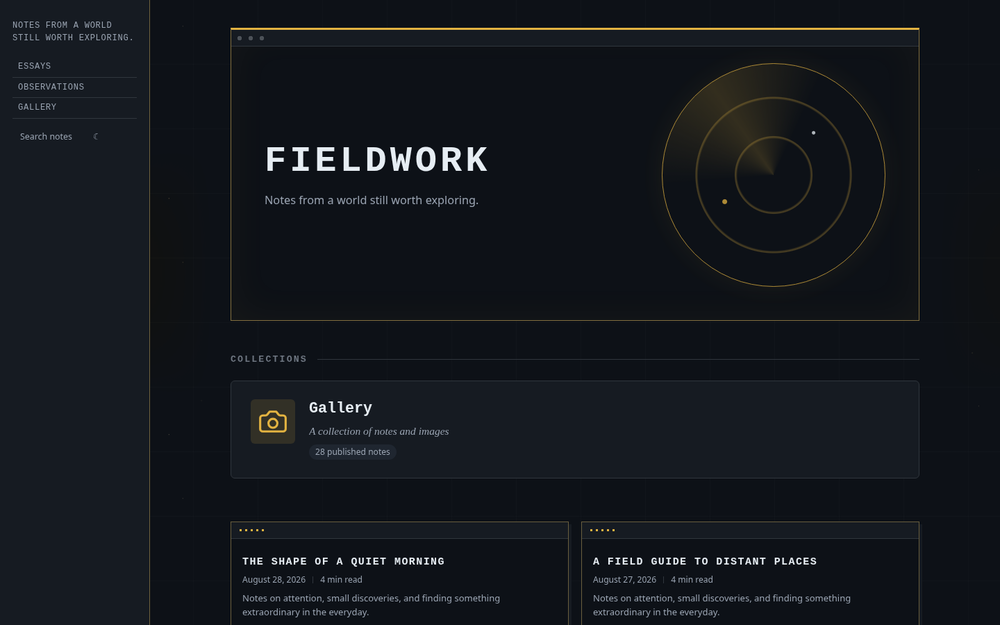 A designed site in the Mission Control house, in the graphite theme: a radar opening in gold, a ruled log of entries beneath it