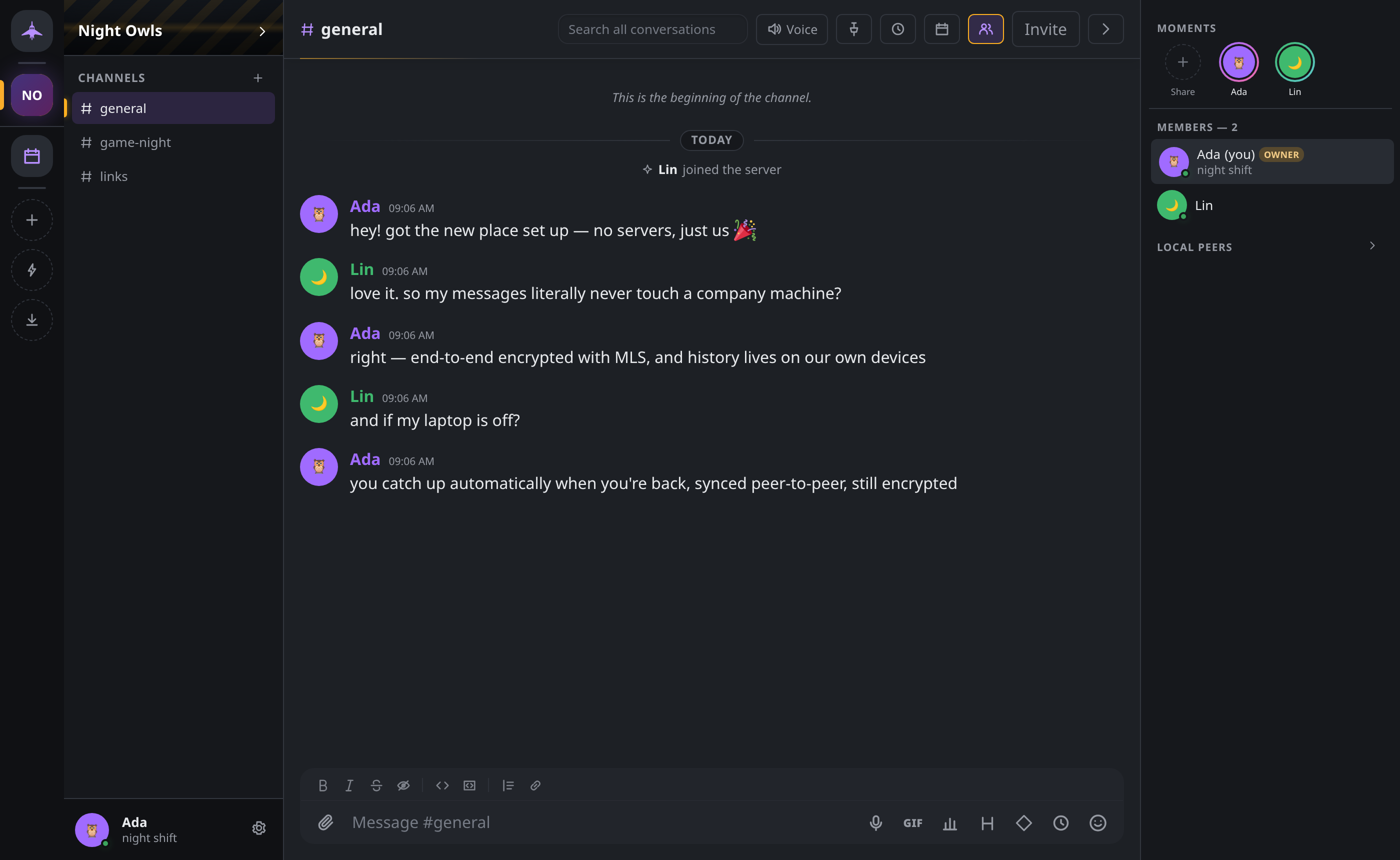 A Concord channel: message list, member panel and the moments row