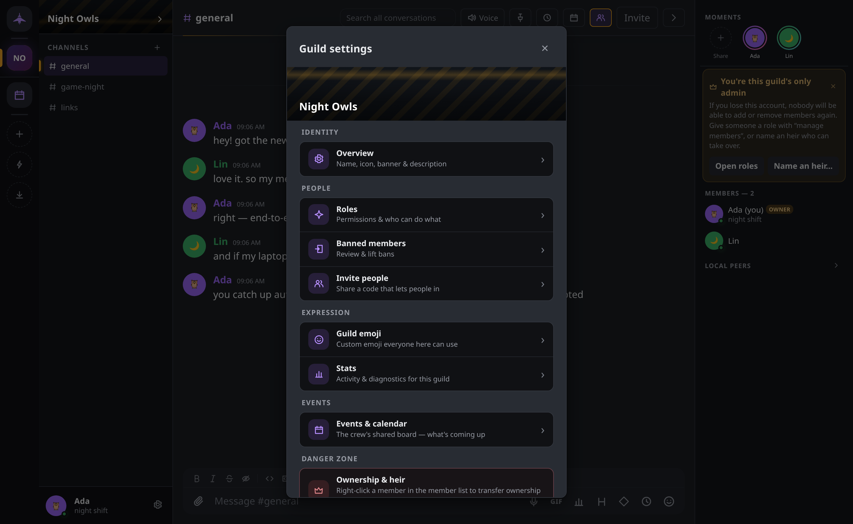 Guild settings: roles, banned members, invites, custom emoji, events and ownership