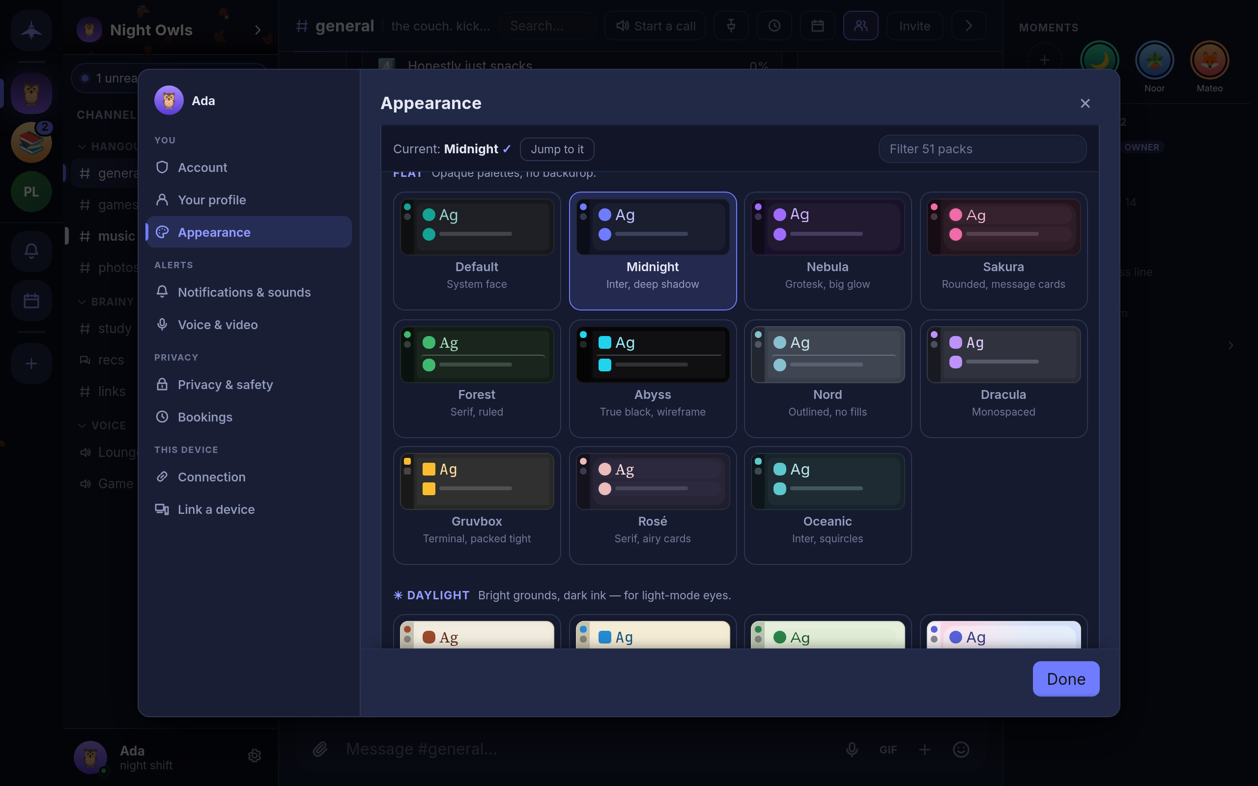 Settings → Appearance with the Theme pack section open