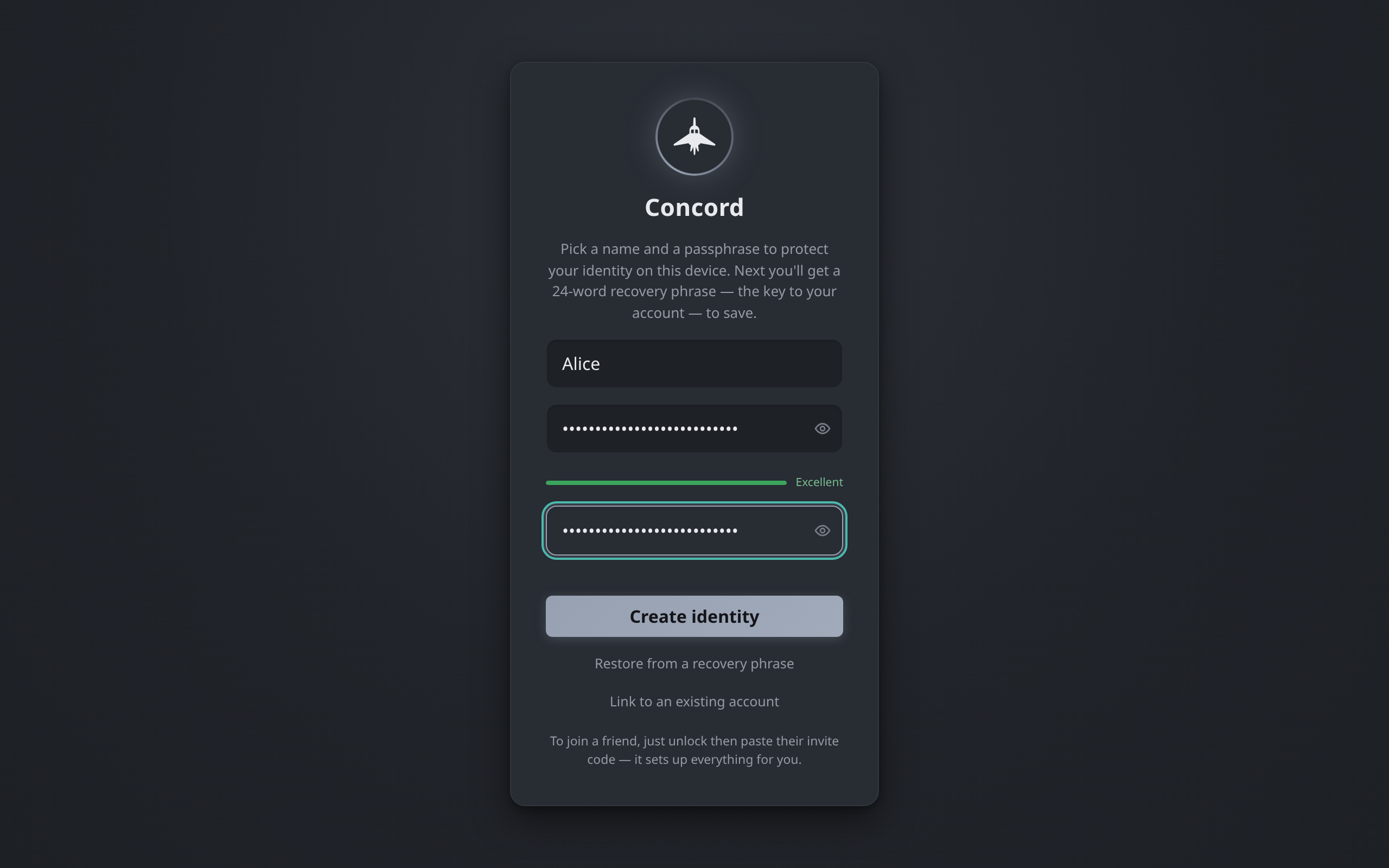 The unlock screen with the name and passphrase fields filled in