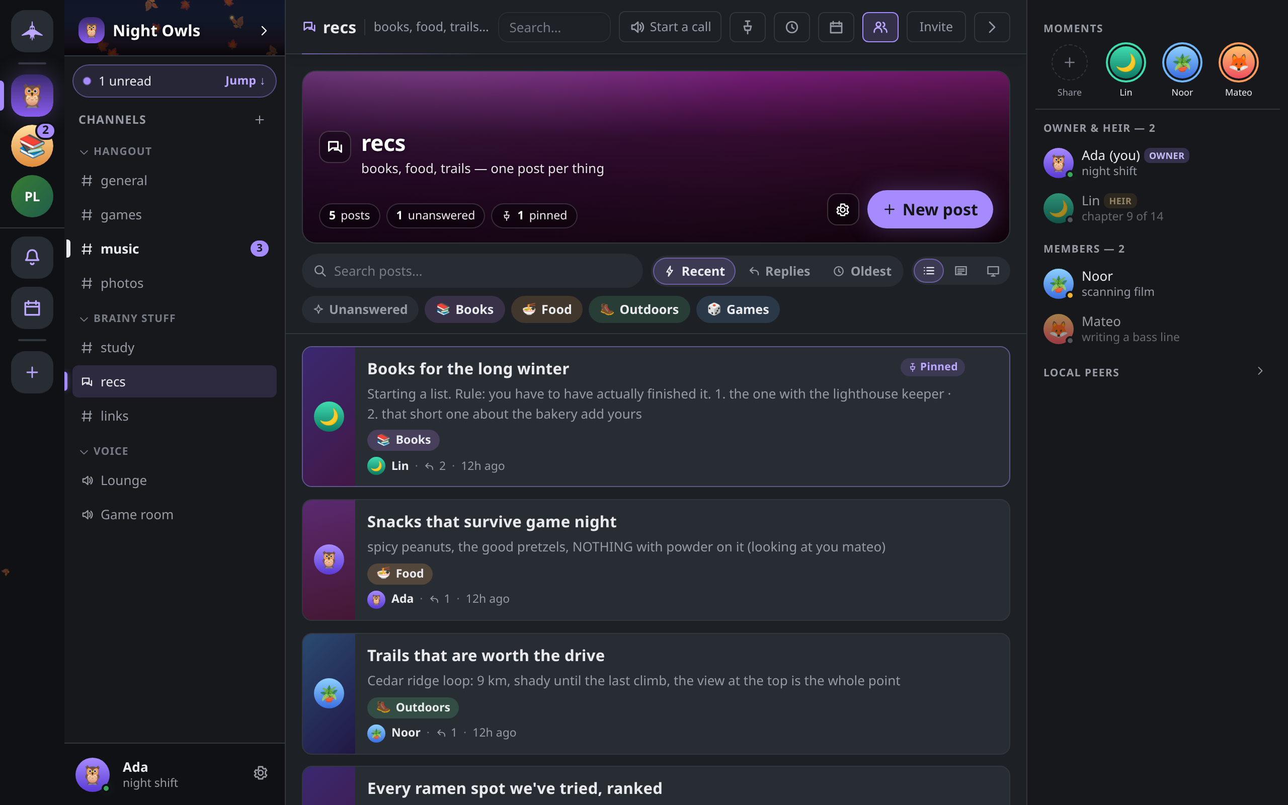 A forum board in the List layout with tag chips and a pinned post at the top