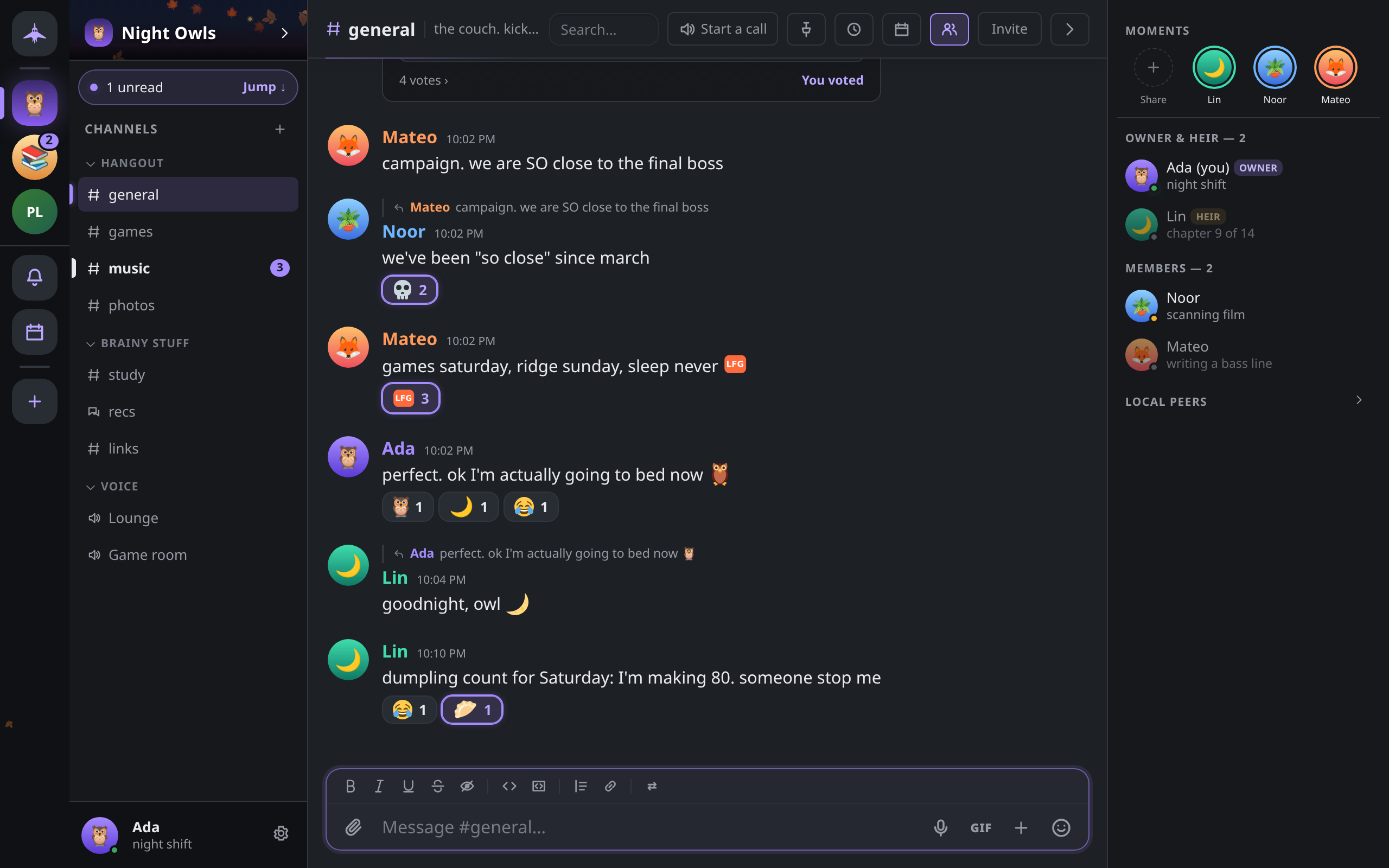 A guild open on its #general channel: the guild rail, the channel list with categories, the conversation and the member list