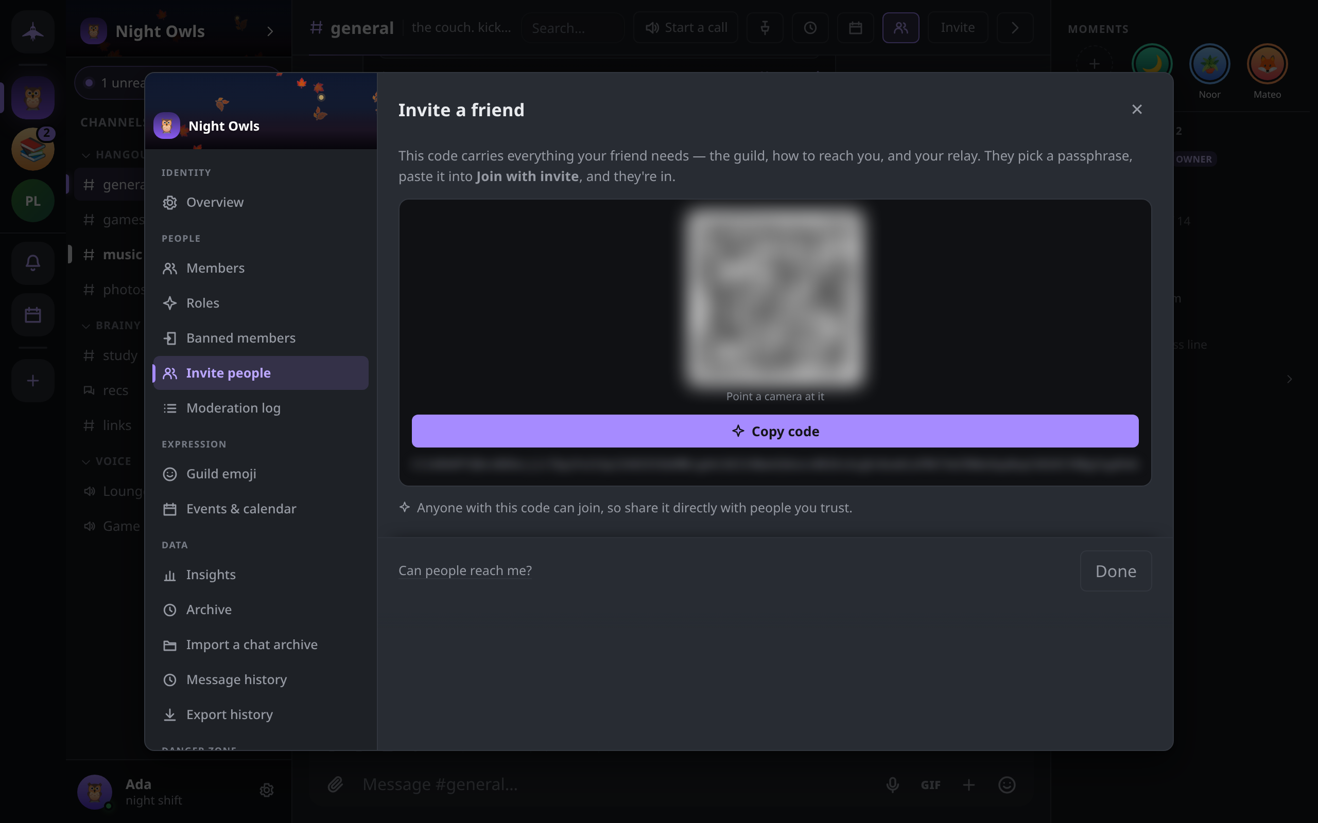 The Invite a friend panel with its QR code and Copy code button; the code itself is blurred in this picture