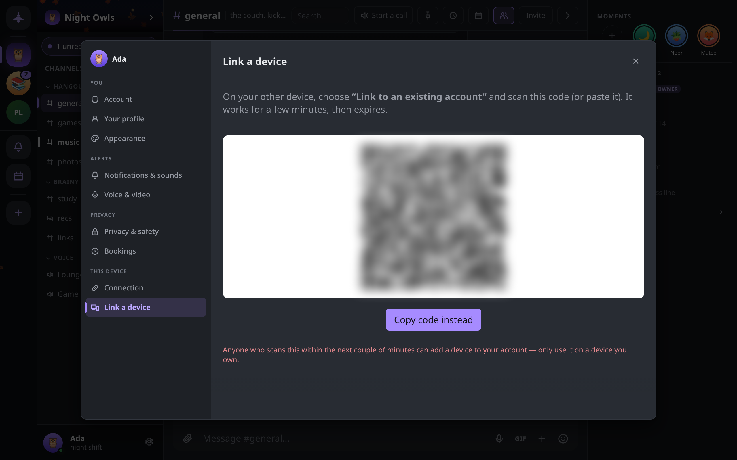 Settings → Link a device; the QR code is blurred in this picture