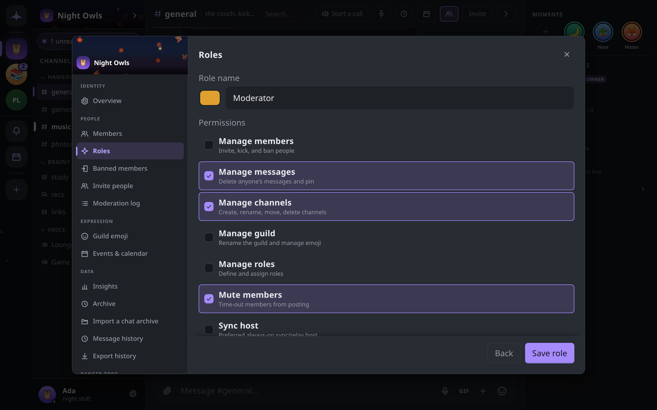 The roles editor with a Moderator role open and three permissions ticked