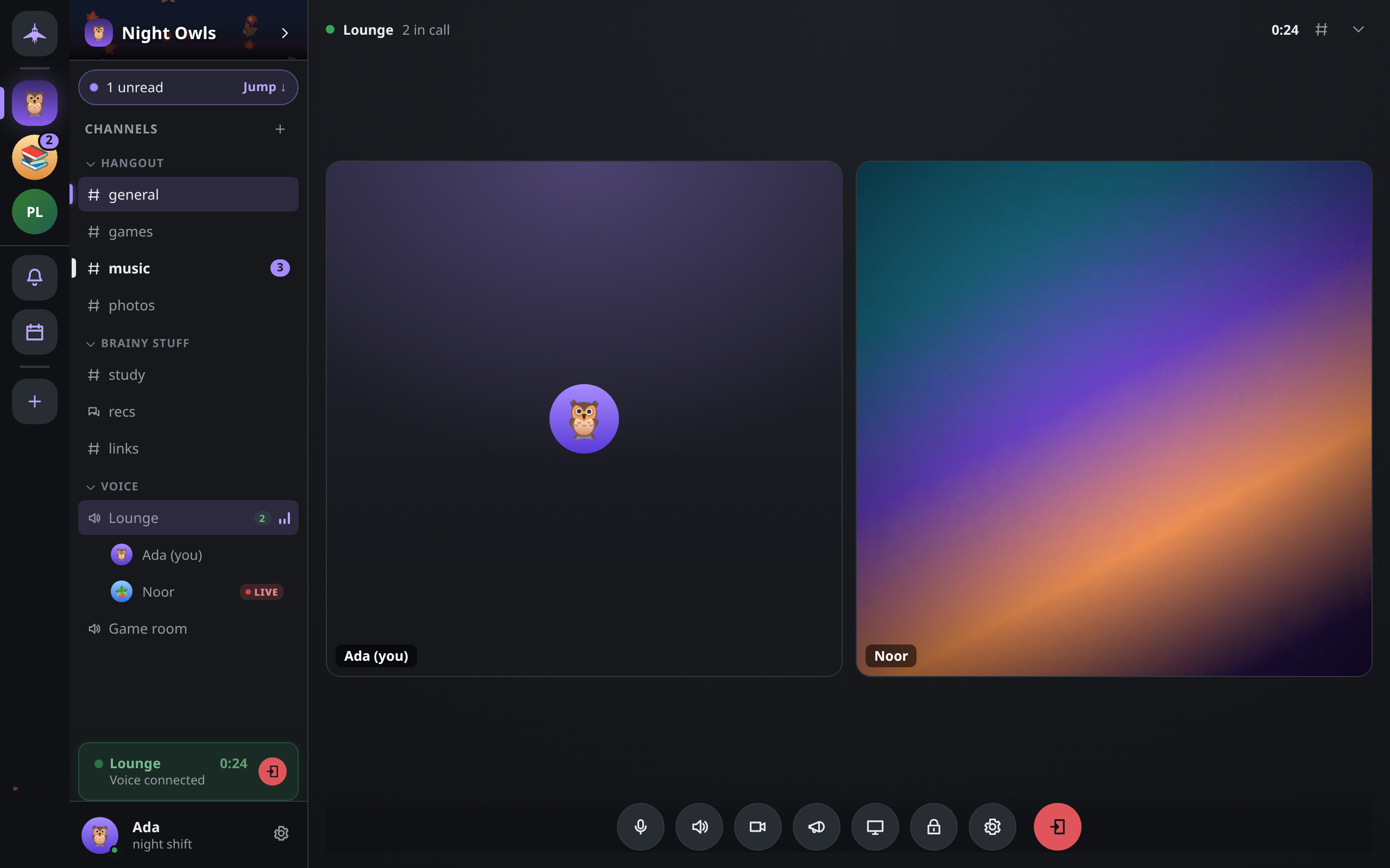 The call view with two participants, one with the camera on, and the call controls along the bottom
