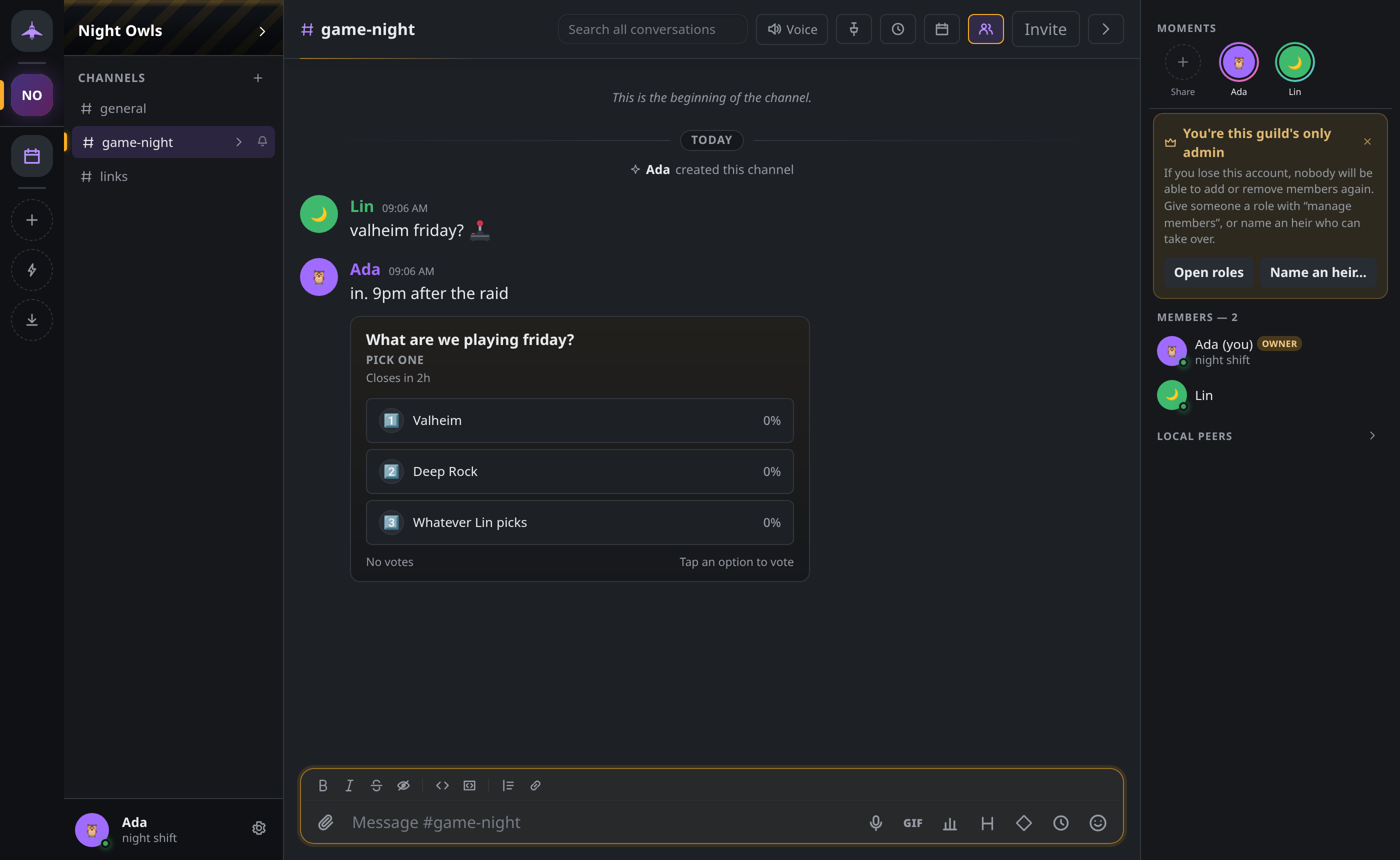 A poll posted in a channel