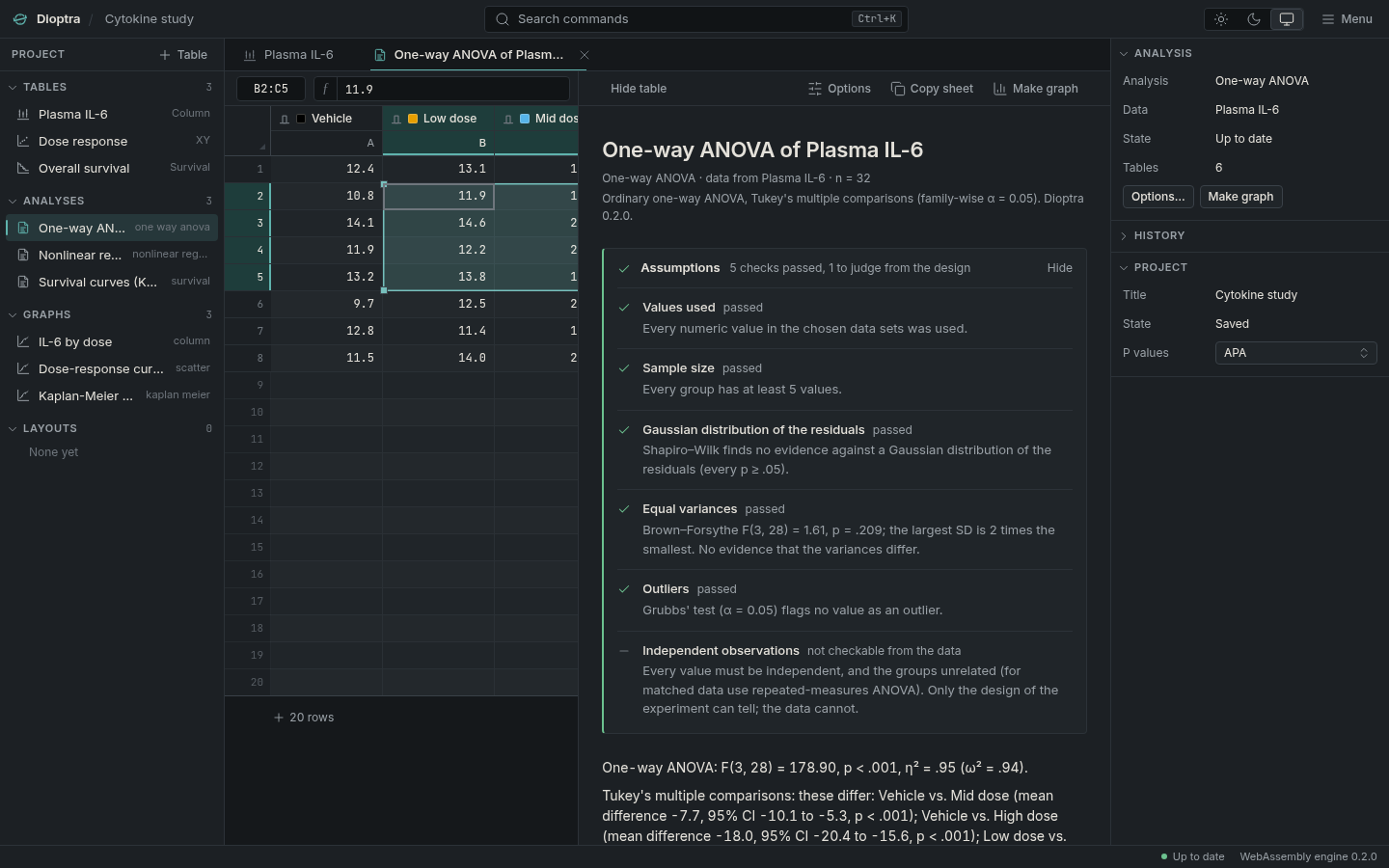 The same results sheet in dark mode.