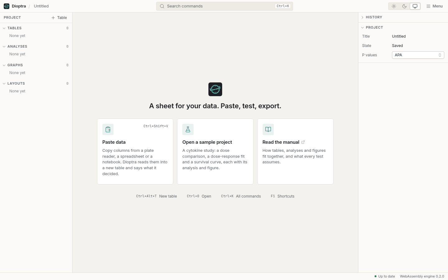 The first launch: an empty project rail, and three cards in the work area for pasting data, opening the sample project and reading the manual