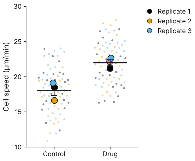 A SuperPlot: cells coloured by replicate, the replicate means drawn large, the comparison made on the means