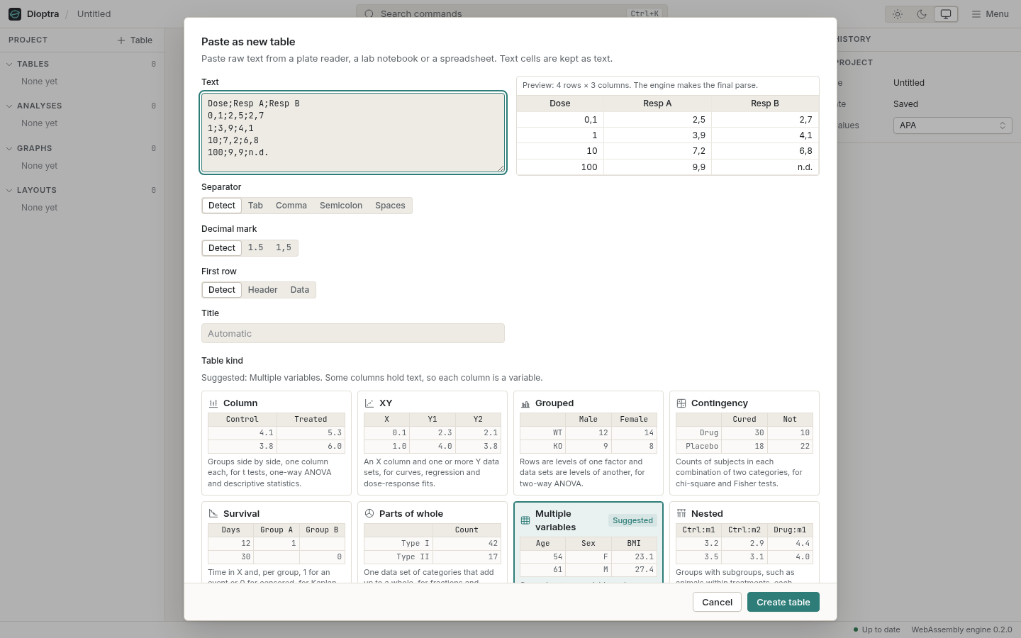 The paste dialog: the parsed preview, the detected separator and decimal mark, and the eight table kinds with a sketch of each