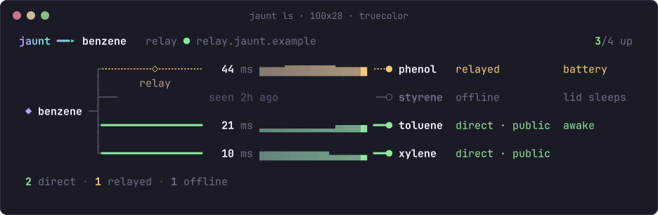 The output of jaunt ls: toluene and xylene direct at 21 and 10 ms, phenol relayed at 44 ms and on battery, styrene offline and seen 2 hours ago with lid sleeps, toluene marked awake; summary line 2 direct, 1 relayed, 1 offline.