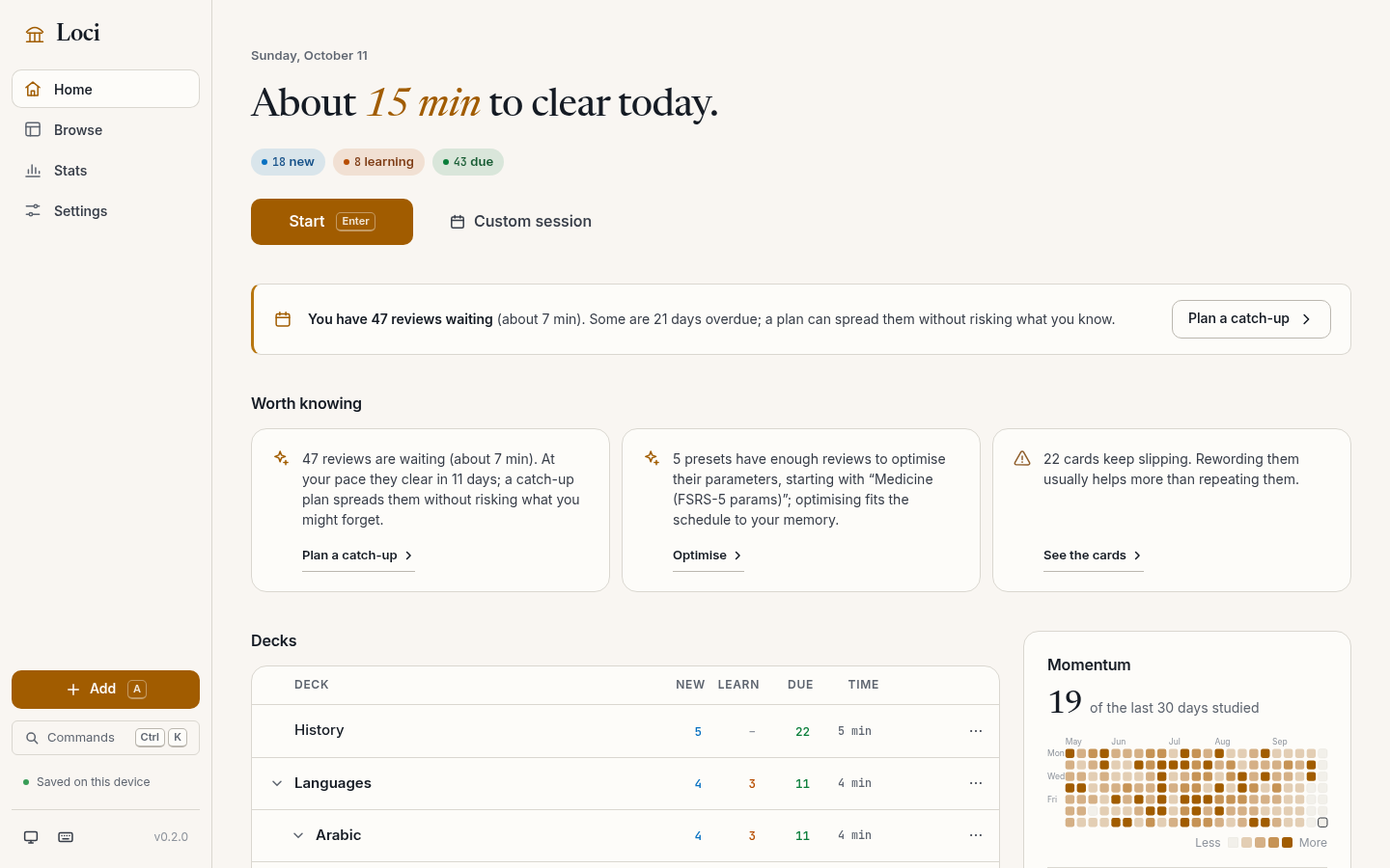 The Home screen on a desktop: about how many minutes today will take, a strip of insights, the deck tree with new, learning and due counts, and the momentum panel.