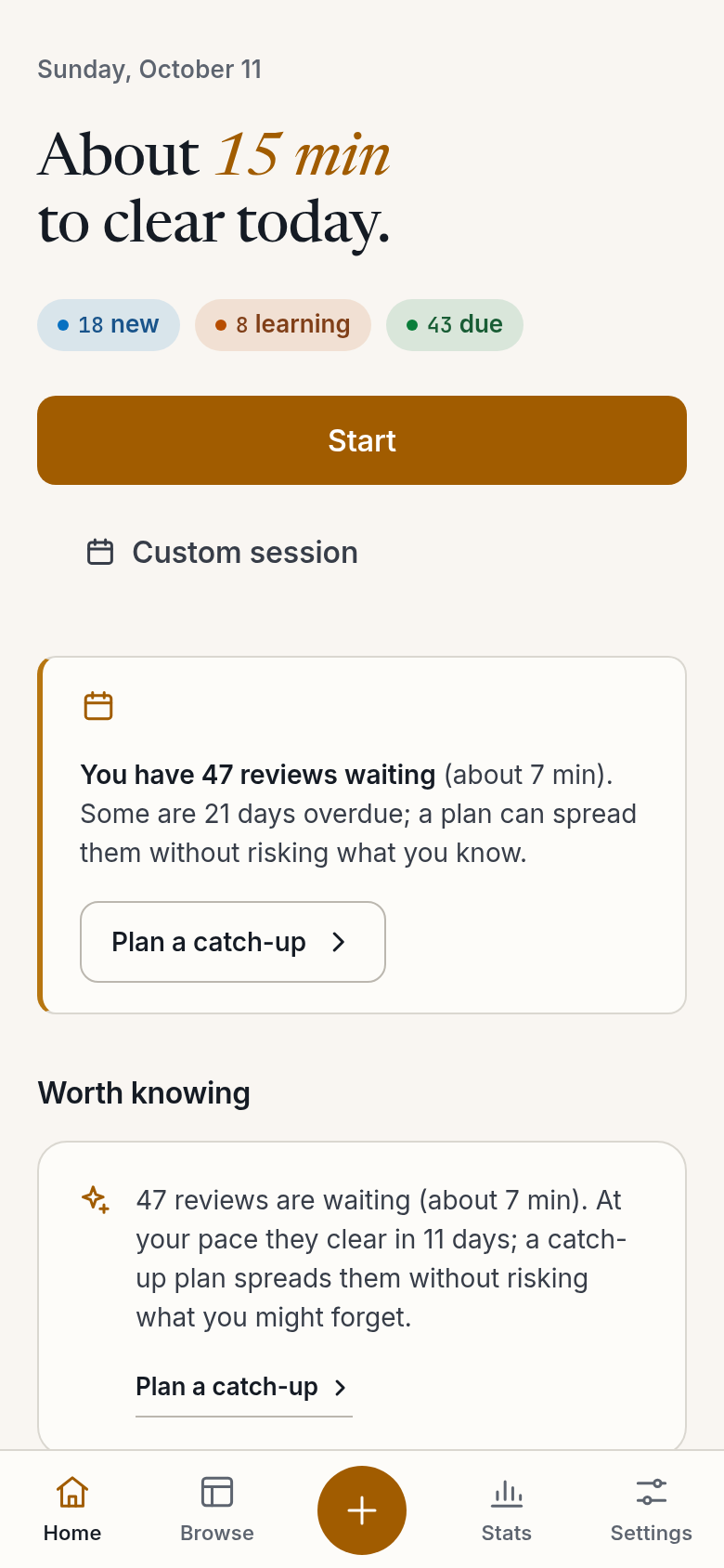 Home on a phone, light theme: today's estimate and the deck tree.