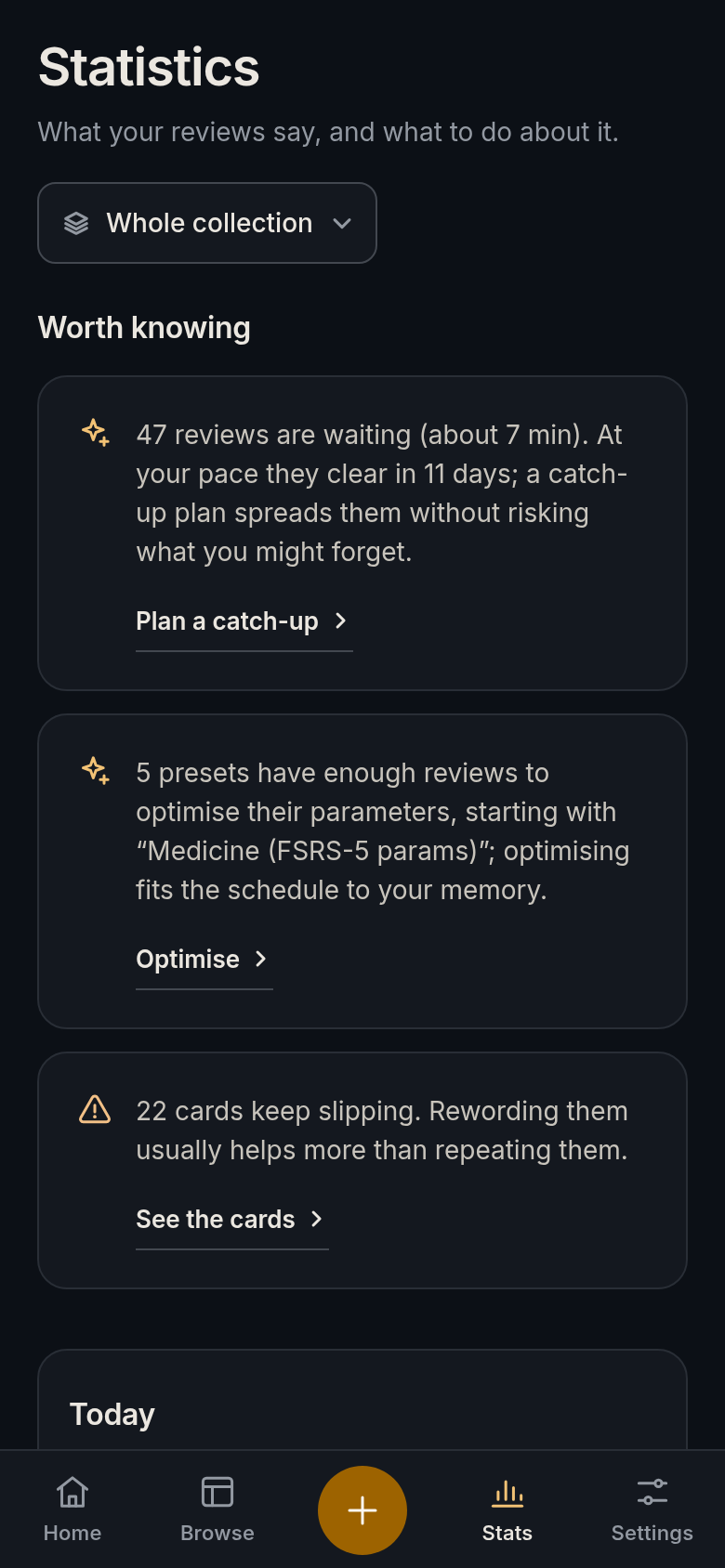 Statistics on a phone, dark theme: insights and the review forecast.